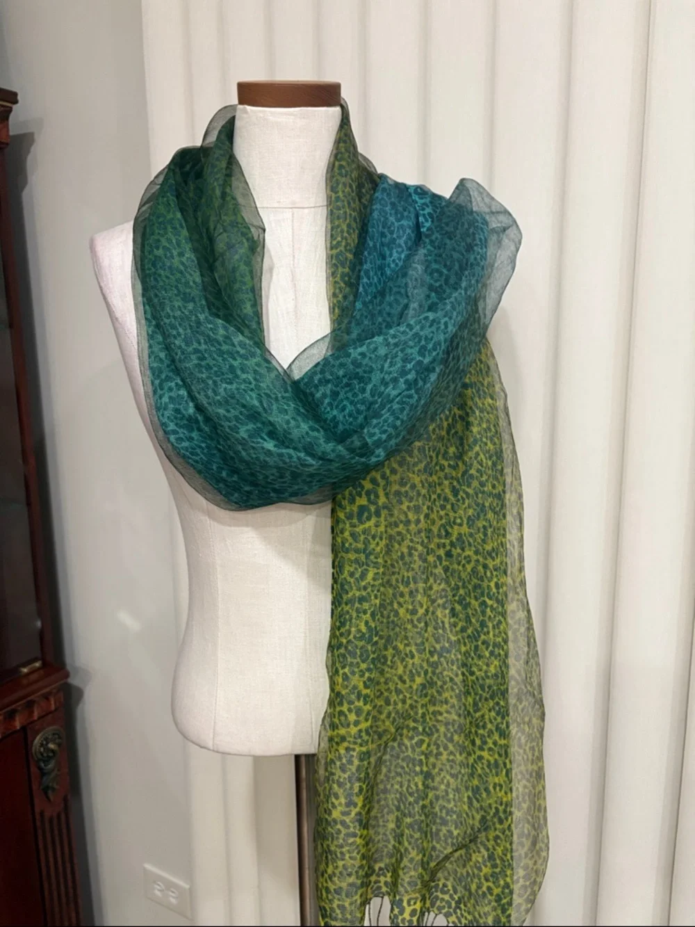 Coldwater Creek leopard Teal ombre to lime yellow Fringe Scarf SILK overlay